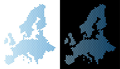 Hex Tile European Union map. Vector territorial scheme in light blue color with horizontal gradient on white and black backgrounds. Abstract European Union map concept is containing hexagonal dots. © Aha-Soft