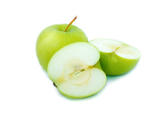 Green apple and slices on white background with water drop, fruit Nourish the health body