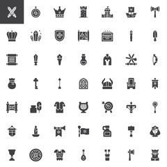 Medieval elements vector icons set, modern solid symbol collection, filled style pictogram pack. Signs, logo illustration. Set includes icons as Swords, Compass, Crown, Tower, Castle, Shield, Viking