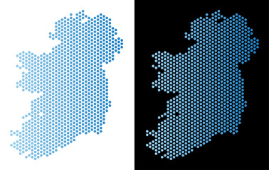 Hexagonal Ireland Island map. Vector geographic plan in light blue color with horizontal gradient on white and black backgrounds. Abstract Ireland Island map mosaic is composed from hexagon dots.