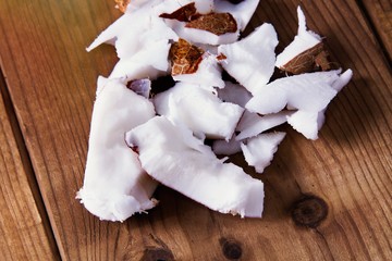 chopped coconut on the wooden table