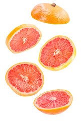 Obraz na płótnie Canvas sliced flying grapefruit isolated on white background with clipping path. cut grapefruit in pieces isolated on white background. Levity fruit floating in the air