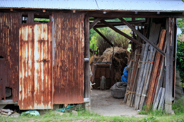 Old rusty farming shed in rural Japan