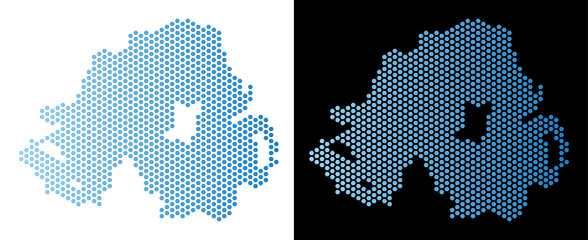 Hex Tile Northern Ireland map. Vector territorial plan in light blue color with horizontal gradient on white and black backgrounds. Abstract Northern Ireland map mosaic is designed with hexagon spots.