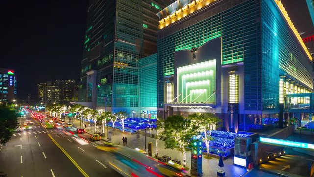night illumination taipei city center tower entrance panorama 4k timelapse taiwan
