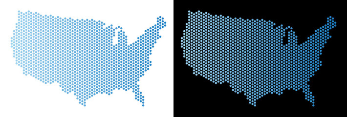 Hex Tile USA map. Vector geographic scheme in light blue color with horizontal gradient on white and black backgrounds. Abstract USA map mosaic is containing hex tile spots.
