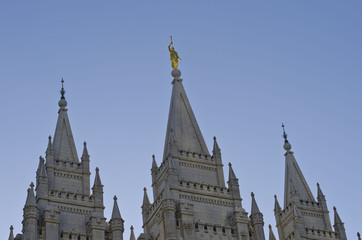 Golden moroni on the top of the salt lake city temple on a nice evening day. 