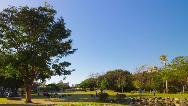 sunny evening taipei city crowded park pond panorama 4k timelapse taiwan
