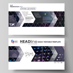 Business templates in HD format for presentation slides. Layouts in flat style. Abstract colorful neon dots, dotted technology background. Glowing particles, futuristic texture, digital vector design.