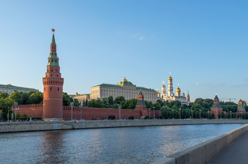 View of Moscow Kremlin from the bank of Moskva river, historical and touristic landscape of the capital of Russia