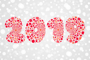 2019 bubblesl symbol. Happy New Year abstract circle illustration. Decorative red and pink icon on Christmas background with snowflakes. Winter holiday vector pattern