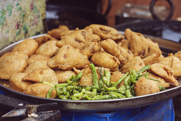 Traditional Indian street food, Fried Kachori and samosa