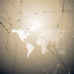 World map with shadow. Abstract global network connections, geometric design technology concept background. Chemistry pattern, molecule structure, connecting lines and dots.
