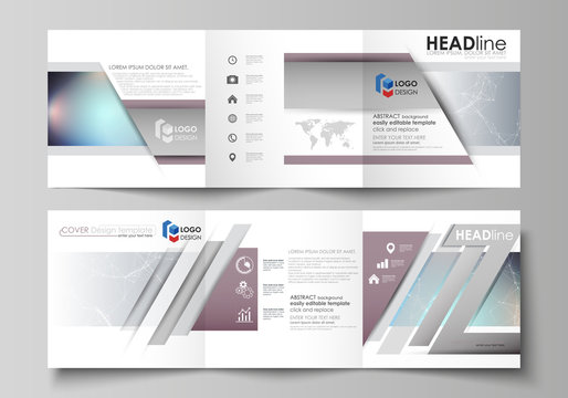 Set of business templates for tri fold square design brochures. Leaflet cover, vector layout. Compounds lines and dots. Big data visualization in minimal style. Graphic communication background.