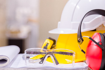 Standard construction safety equipment in control room, Construction and Safety Concept.