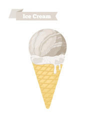 Vector grey ice cream in cone, sundae taste