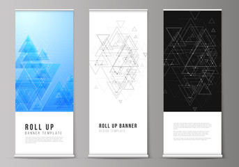 The editable vector layout of roll up banner stands, vertical flyers, flags design business templates. Polygonal background with triangles, connecting dots and lines. Connection structure.
