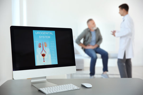 Computer monitor with picture of urogenital system and blurred people on background