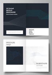 The vector illustration of the editable layout of two A4 format cover mockups design templates with geometric background made from dots, waves rectangles for bifold brochure, magazine, flyer, report.