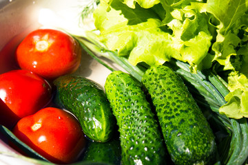 Composition with raw vegetables, in a white iron bowl