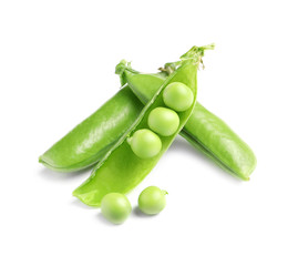 Delicious fresh green peas on white background