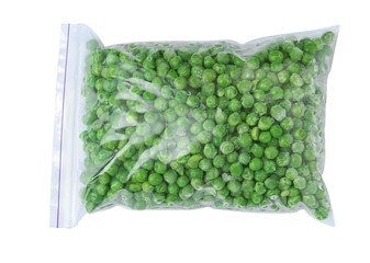 Plastic bag with frozen peas on white background, top view. Vegetable preservation