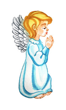 Praying angel. Watercolor hand drawn image.