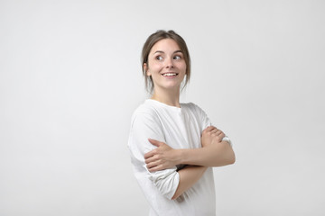 Young european woman laughing and smiling. She
