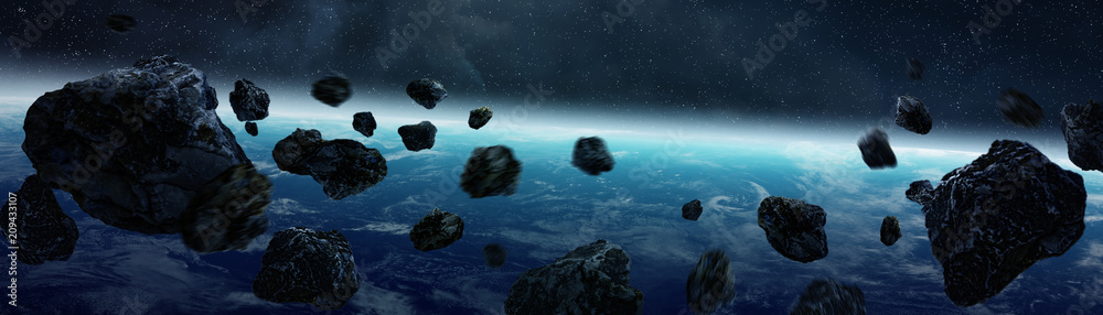 Poster Panoramic view of planet Earth with asteroids flying close 3D rendering elements of this image furnished by NASA