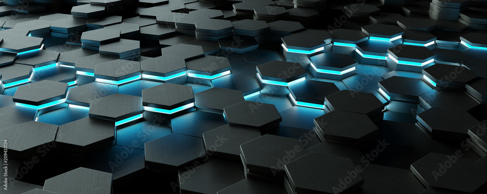 Aufkleber black and blue hexagons background pattern 3d rendering