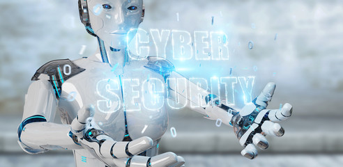 White humanoid woman using cyber security text hologram 3D rendering
