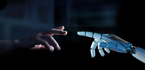 White cyborg finger about to touch human finger 3D rendering - obrazy, fototapety, plakaty