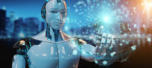 White male humanoid using digital global network 3D rendering
