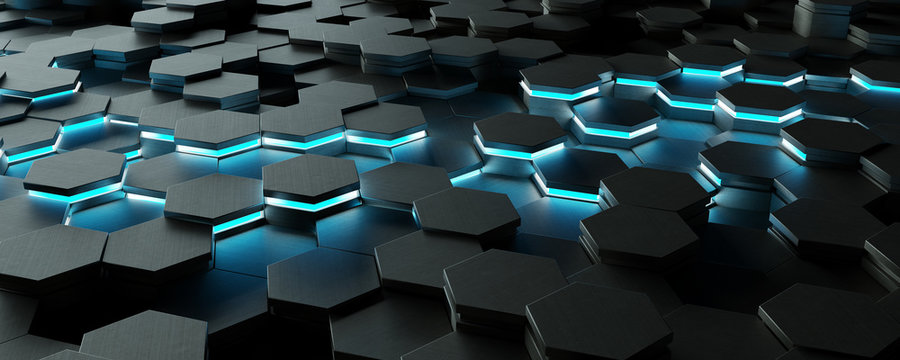 Black and blue hexagons background pattern 3D rendering © sdecoret