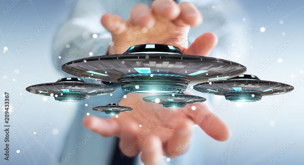 Poster Businessman with retro UFO spaceship 3D rendering