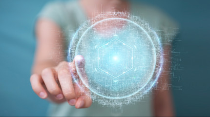 Businesswoman using digital sphere connection hologram 3D rendering