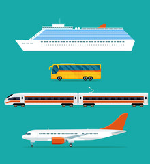 Set of the travel transport. Cruise ship, bus, train and plane. Vector flat style illustration