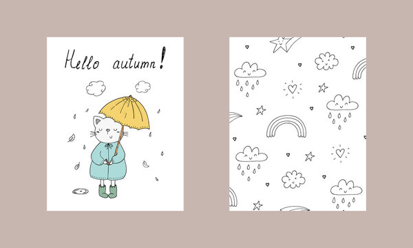 Hello autumn card. little cat in the rain with an umbrella vector print in cartoon style.