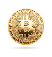 Golden Bitcoin on white background