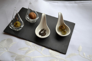 Kitchen decor on a granite board.