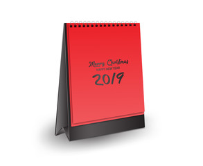 Blank desk calendar 3d mockup vector illustration, Vertical Realistic mockup  for Desk calendar template design, merry Christmas and happy new year 2019 Cover, red Background Isolated