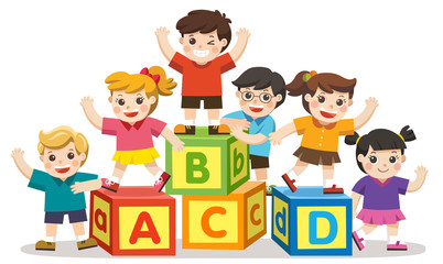 Back to School. Happy school kids with alphabet blocks. © yatate