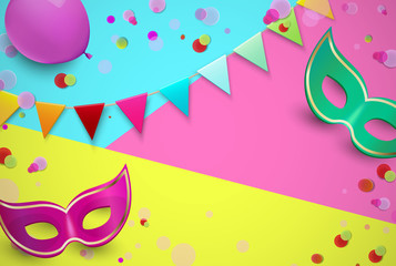Bright carnival background with colorful masks and confetti.