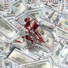 Banknotes marked with crime. Pile of money with bloody spot, top view. Dirty money concept. Bloody currency. Money covered with traces of crime. Dirty criminal profit. Dollar marked by murder