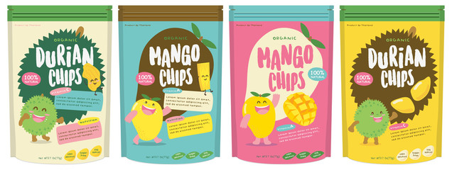 Cute Durian and Mango Fruits Packaging Design Vector