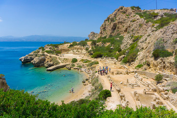 Small beautiful beach at archaeological site of Heraion, sanctuary of goddess Hera, in Perachora, Loutraki, Greece