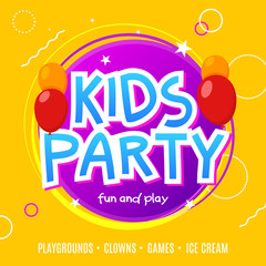 Kids fun party celebration flyer design template. Child event banner decoration. Birthday invitation poster background