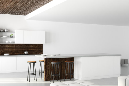 Loft white kitchen with copyspace