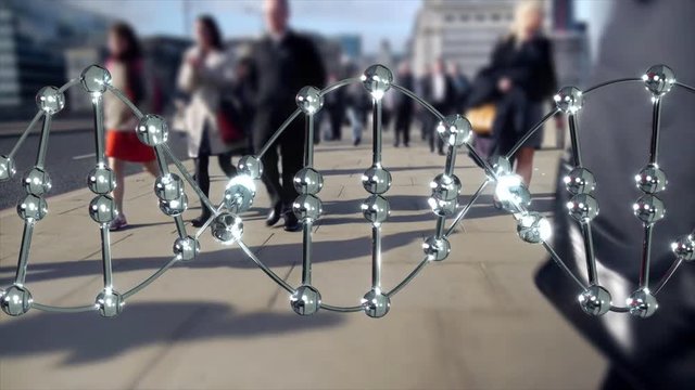 DNA molecule with people background.

DNA molecule helix structure rendered as glass with people walking in the background.