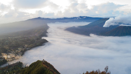 Aerial shot of Mount Bromo Volcano during sunrise, in East Java, Indonesia